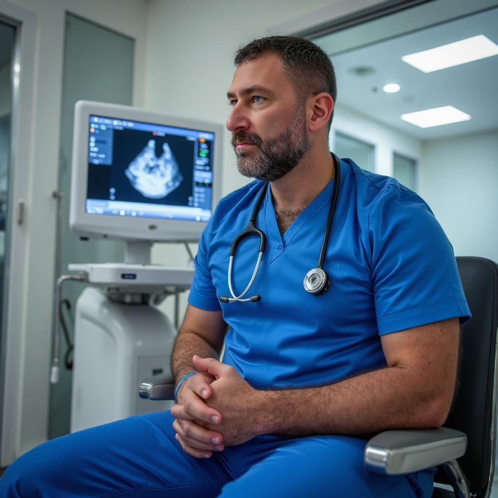 Mr Ollandini Urology Consultant and a Doppler Ultrasound machine being used in a clinical setting for diagnosis.