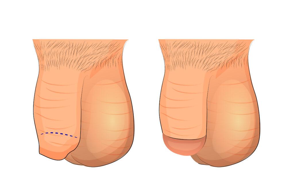 Medical illustration of the penis showing the foreskin before and after circumcision