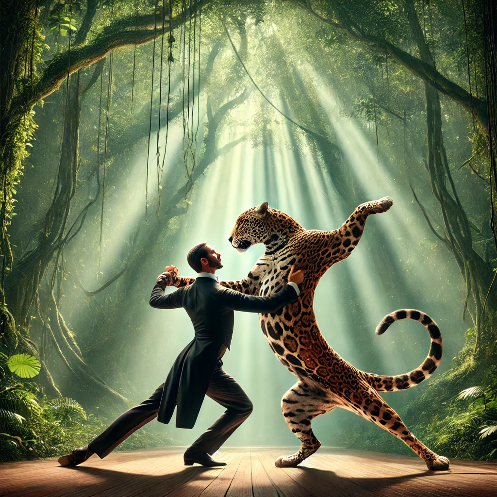 A surreal image of a man leading a jaguar in a slow waltz within a mystical jungle. The jaguar stretches in a perfect contra check pose, embodying raw power and grace, while the man, dressed in formal attire, confidently guides the movement with steady control. Soft sunlight filters through the dense canopy, casting an ethereal glow over the scene.