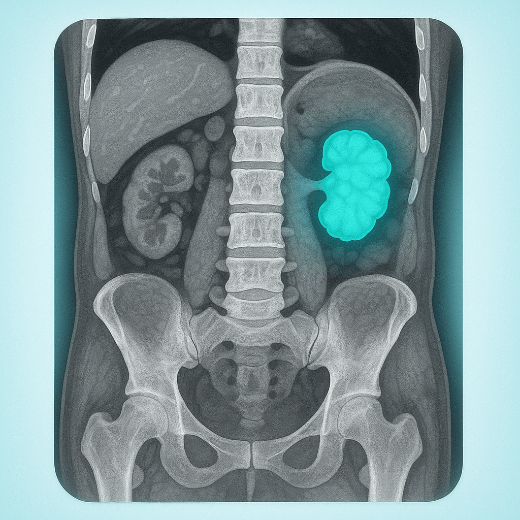 Hyper-realistic, AI-generated schematic CT scan of an adult abdomen/pelvis showing a cauliflower-shaped tumour on the left kidney, highlighted in teal for educational reference only